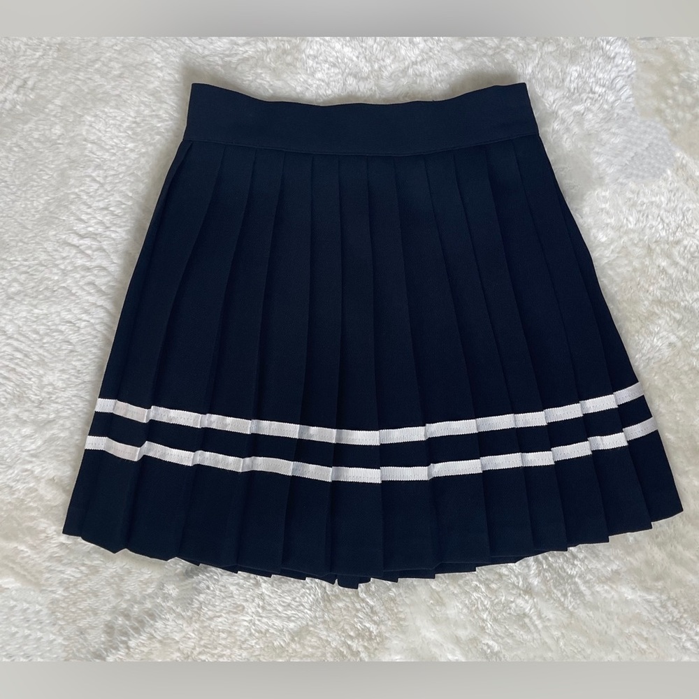 G&P Vancouver - High Waisted Pleated Skirt - Navy + White Ribbon - Size XS-S